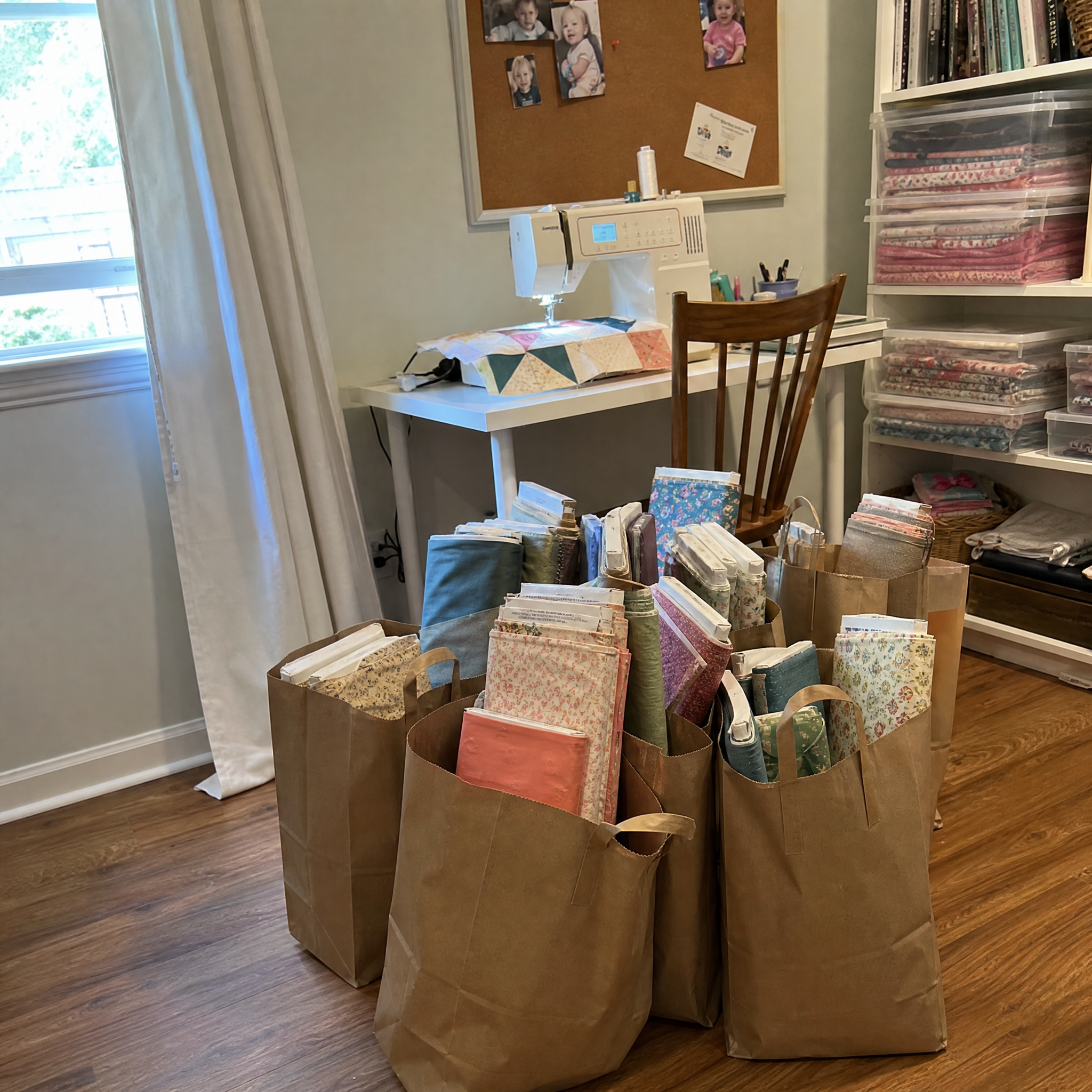 Unfinished quilts in grocery bags